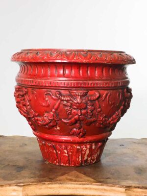 Vaso terracotta decoro festoni e mascheroni dipinto rosso XIX sec.