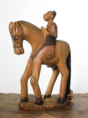 Scultura tribale africana cavallo e cavaliere legno intagliato