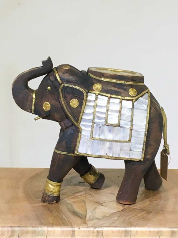 Scultura elefante indiano in legno, ottone e madreperla XX sec - immagine 2