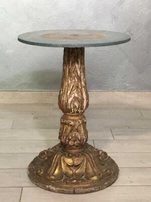 Tavolino antico realizzato da torciere XIX secolo piano dipinto blu e oro