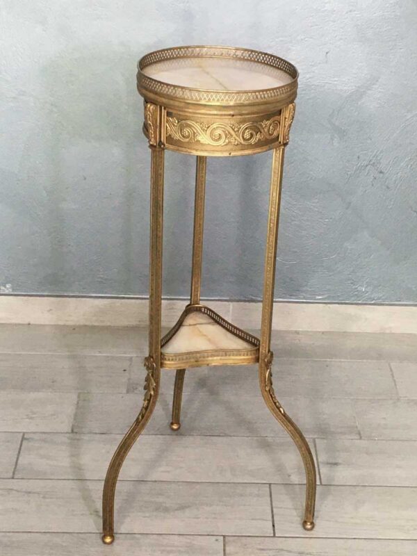 Colonna gueridon porta vaso antico in ottone e marmo - immagine 2