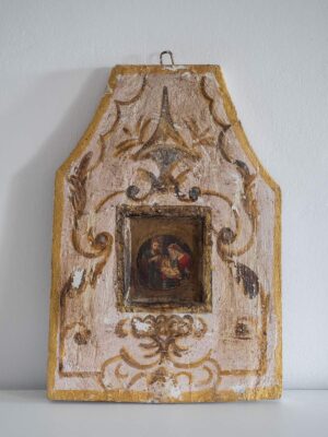 Quadro su legno e gesso con decoro religioso Faenza 1850