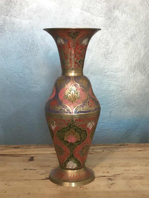 Vaso indiano ottone policromo cesellato del XX secolo