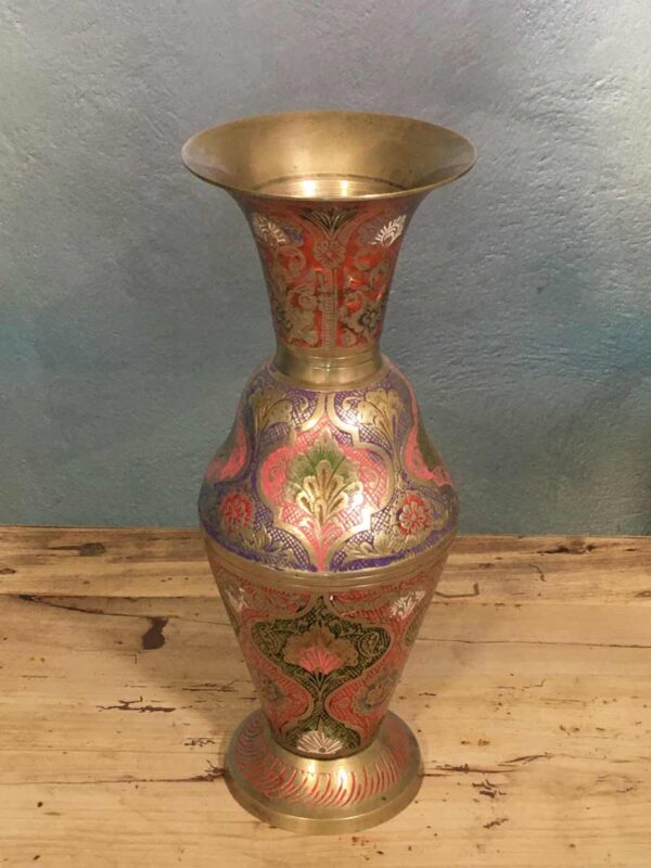 Vaso indiano ottone policromo cesellato del XX secolo - immagine 2