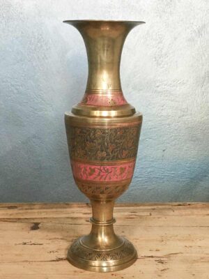 Vaso in ottone india decoro policromo cesellato mid century