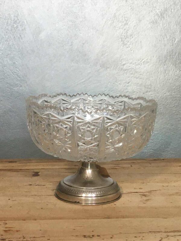 Fruttiera centro tavola in cristallo e base argento mid century