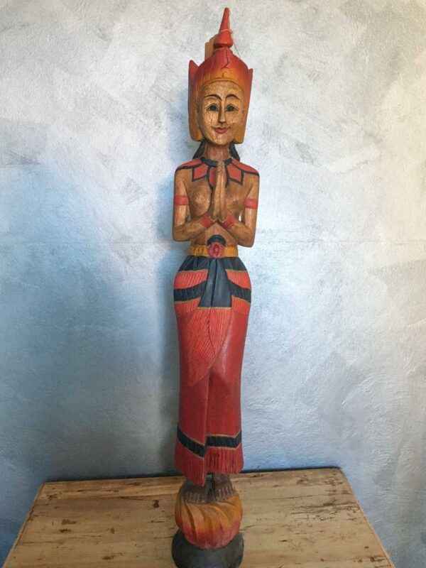 Scultura in legno donna Thailandia classico saluto - immagine 4