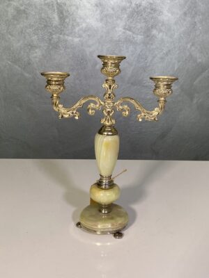 Candelabro antico in metallo e onice vintage mid century