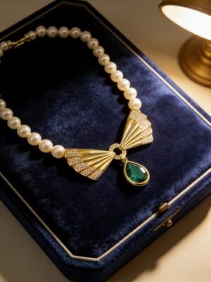 Collana Swarovski a Farfallino Dorata con Perle e Pendente Verde