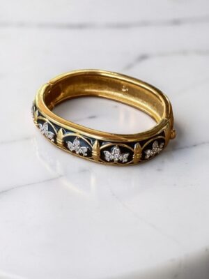 Bracciale vintage rigido Swarovski con logo cigno, smalto nero e cristalli